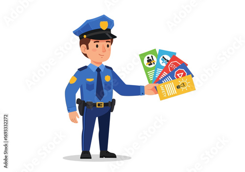Police officer holding colorful leaflets for community event promotions. Suitable for advertising, promotions, community policing initiatives, events, and diversity campaigns.