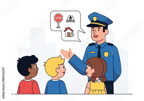 Police officer educating children on traffic safety with a stop sign, suitable for educational materials, safety brochures, school campaigns.