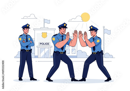 Three police officers outside a station under a sunny sky. Suitable for law enforcement themes, security concepts, and policerelated designs.