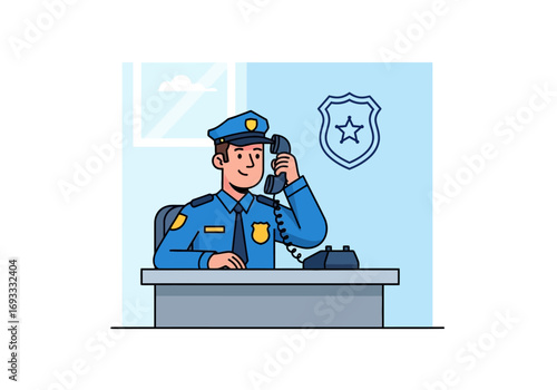 Officer takes a call under his badge icon, ideal for portraying communication, law enforcement, emergency services, or professional communication themes.