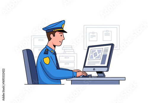 Policeman at computer in station, suitable for law enforcement websites, articles, or social media posts related to police work.