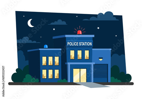 Police station under a moonlit sky, perfect for crime thriller book covers, halloween designs, and nighttime cityscape illustrations.