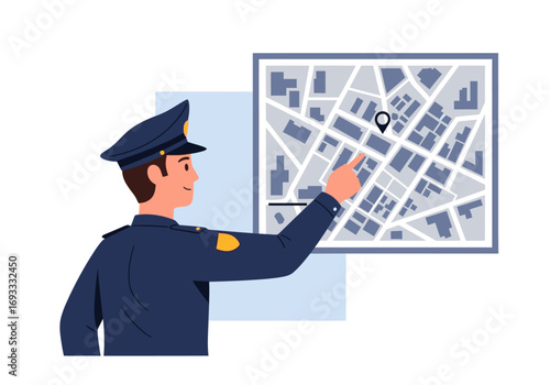 Police officer in uniform pointing at a map, indicating a location within an urban area. Suitable for law enforcement and urban planning concepts.