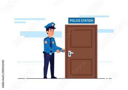 Policeman unlocks a door to a police station building. Suitable for security, law enforcement, urban scenes, public services, and entrances.