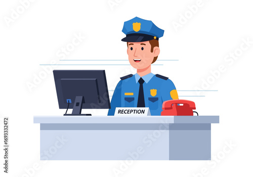 Friendly security guard at reception desk with computer and phone. Perfect for security, reception, office or technology related concepts.