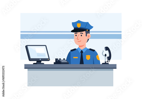 Police officer at desk in station with equipment, suitable for law enforcement blogs, educational materials, and policerelated websites.