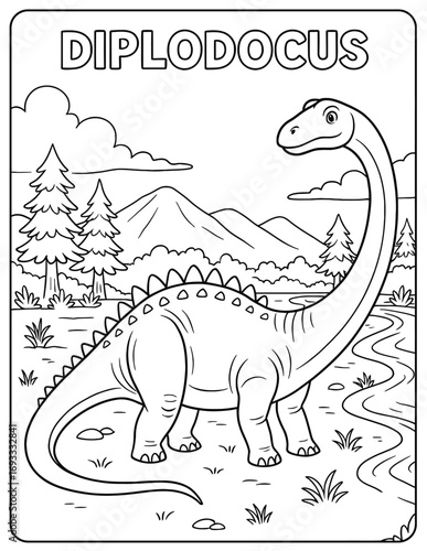 A diplodocus dinosaur in a landscape coloring page with mountains and a winding river