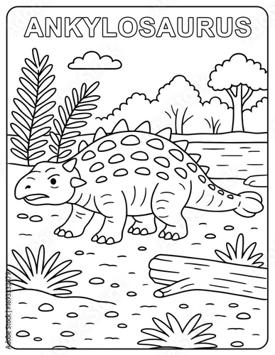 A coloring page featuring an ankylosaurus in a prehistoric landscape with plants trees