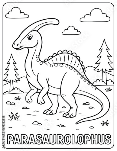 A black and white line drawing of a parasaurolophus in a natural landscape scene