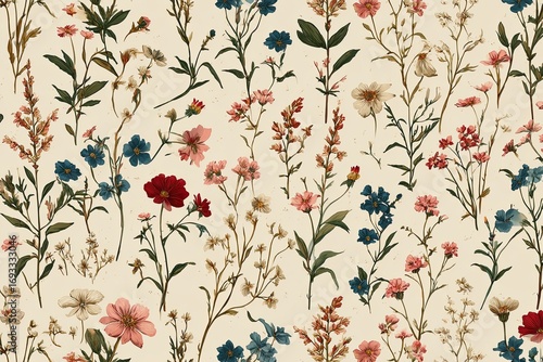 A vintage floral pattern on a light beige background.  Detailed botanical illustrations of various flowers and plants