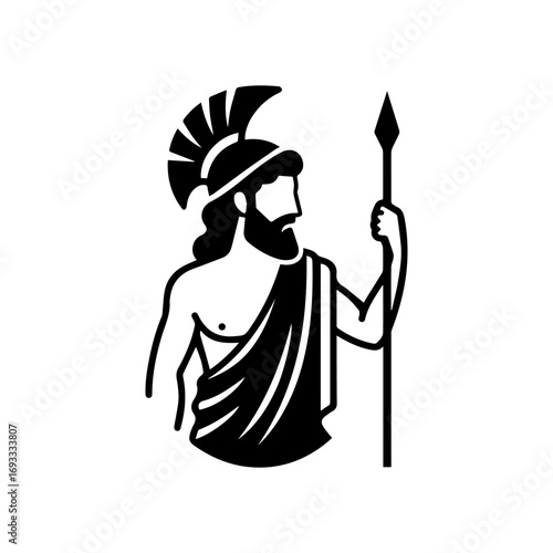 Minimalist black and white illustration of a bearded Greek warrior in a plumed helmet holding a spear.