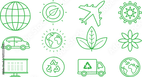 Eco friendly sustainability icons with globe leaf recycle transport