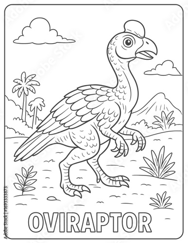 Outlined oviraptor in a prehistoric landscape coloring page for children's activity