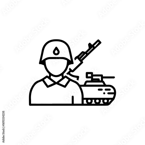 Minimalist Black Line Icon of a Soldier with a Helmet Rifle and Battle Tank.