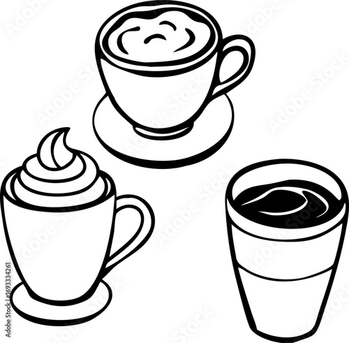 Coffee Drinks, Hot Beverages, Cafe Menu, Latte, Cappuccino, Mocha, Whipped Cream, Coffee Shop, Line Art, Vector Illustration, Coffee Icons, Drinks Menu, Beverage Icons, Cafe Menu Design, Restaurant Me
