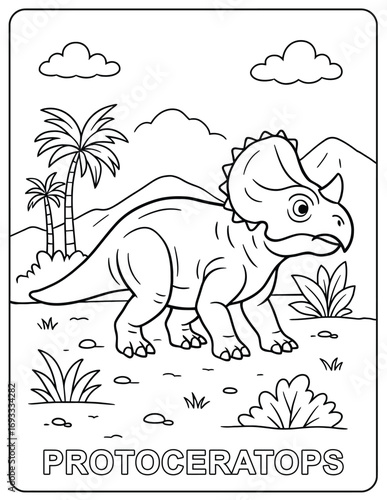 Protoceratops dinosaur in a black and white coloring page with a landscape behind it