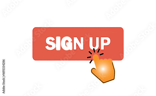 Vector illustration of a glowing hand cursor clicking a red sign up button for website registration and creating a new user profile online