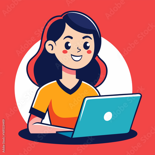 Happy Woman Using Laptop Computer, Cartoon Illustration