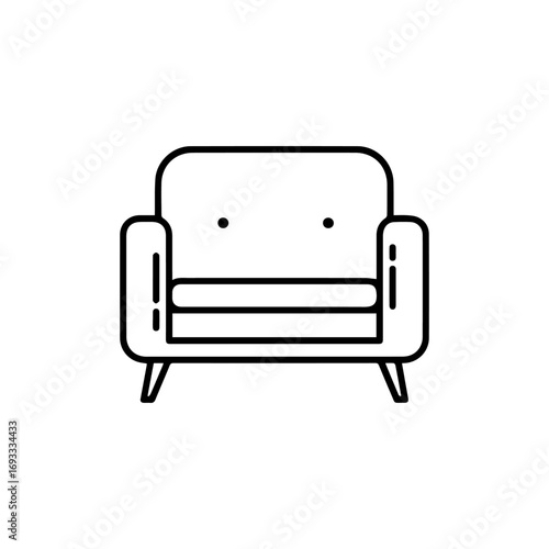 Minimalist line art icon of a modern armchair with a cushioned seat and rounded backrest.