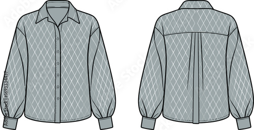 Diamond quilted shirt technical sketch, front back view, button-up long sleeve design, fashion cad drawing, flat garment vector illustration