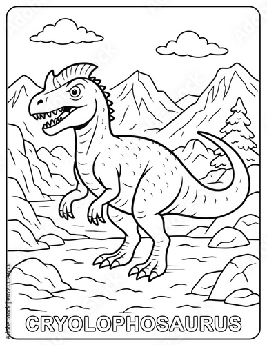 Cryolophosaurus dinosaur in a prehistoric landscape coloring page illustration art