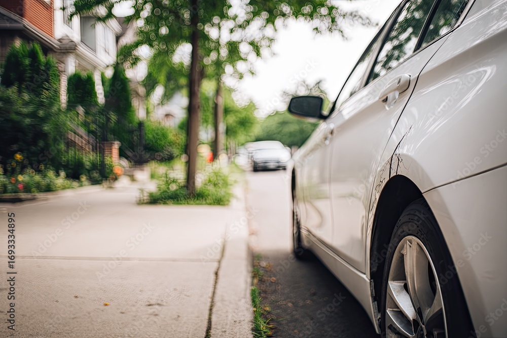 Fototapeta premium A white car parked on a city street. Blurred houses and trees