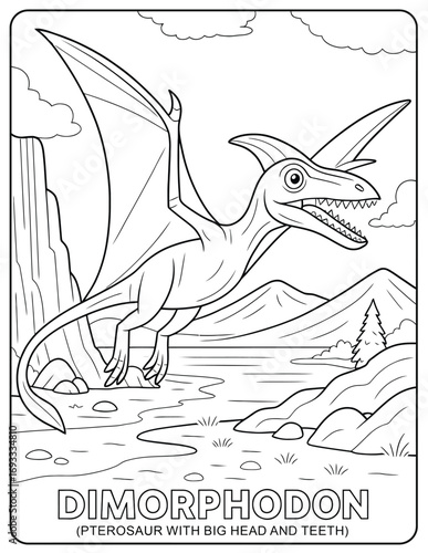 Dimorphodon coloring page featuring a pterosaur with mountains and water scenery