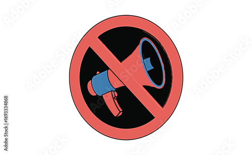 Red prohibition sign featuring a megaphone symbol, indicating restrictions on speech or the use of a loudspeaker