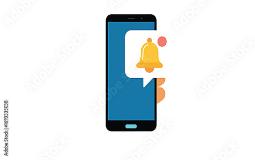 Smartphone notification icon with a bell symbol, indicating an alert, held in a person's hand, with a speech bubble