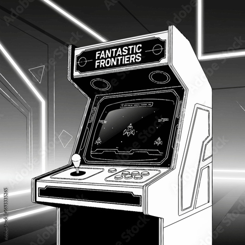 Arcade game Fantastic Frontiers set in a room with neon lighting monochrome sketch