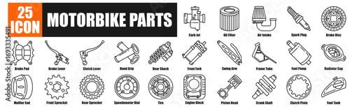 Motorbike Parts icon pack collection set for Carb Jet, Oil Filter, Air Intake, Spark Plug, Brake Disc.