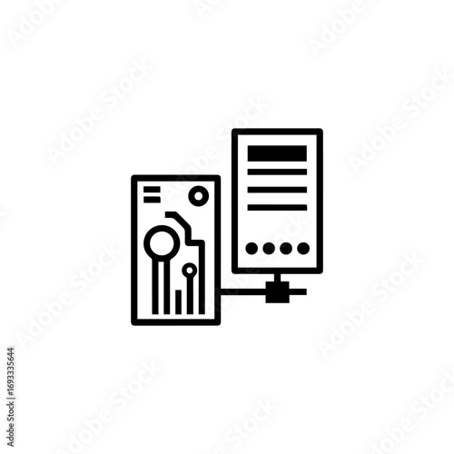 Simple black line art icon of a server tower connected to a circuit board representing data networking.