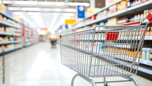 Wallpaper Mural Empty metal shopping cart in a clean supermarket aisle, symbolizing modern retail and consumerism. Torontodigital.ca