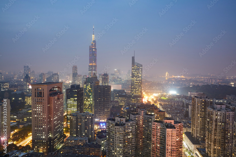Fototapeta premium Aerial view of Nanjing city nightscape and skyscraper cluster, China