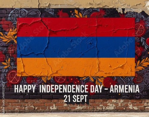 Happy Independence Day of Armenia. 21st September Armenian flag painted on a cracked brick wall with pomegranates.