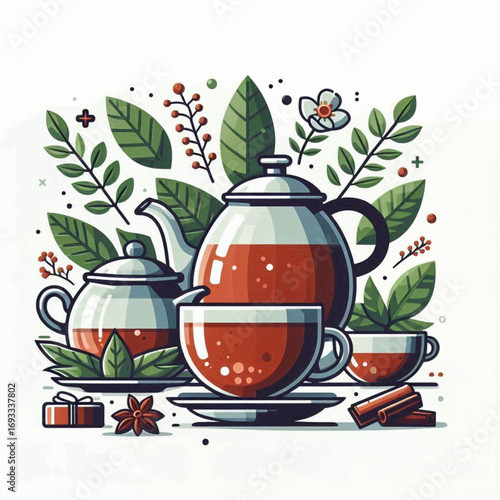 Stylized twotone red and silver teapot and teacup set with herbal leaves and spices.