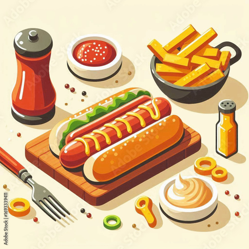Cartoon hot dogs fries condiments  fork on a cutting board create a colorful food scene