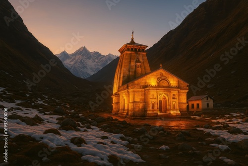 Kedarnath Temple illuminated at dusk in the Himalayan mountains.