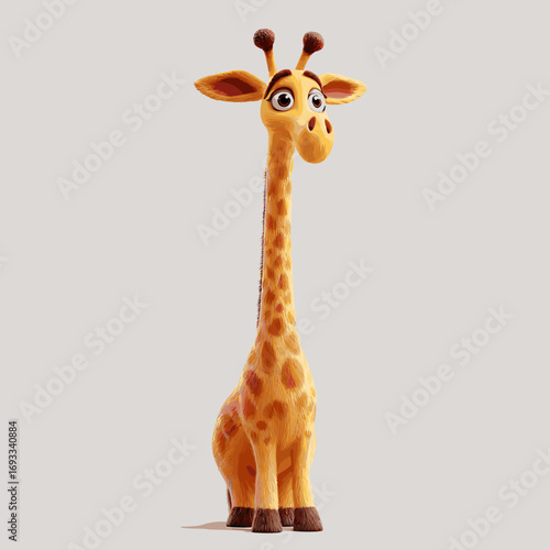 A cute cartoon giraffe is sitting and watching something. The giraffe's neck is tall, and it has spots and long eyelashes. The overall effect is appealing and designed to be entertaining