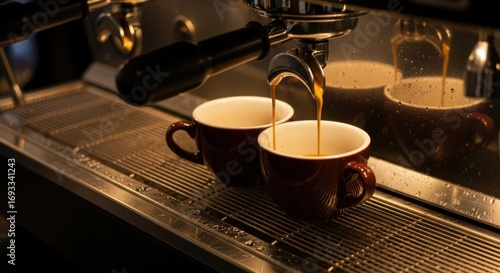 Coffee Being Brewed in Espresso Machine with Two Cups in a Coffee Shop