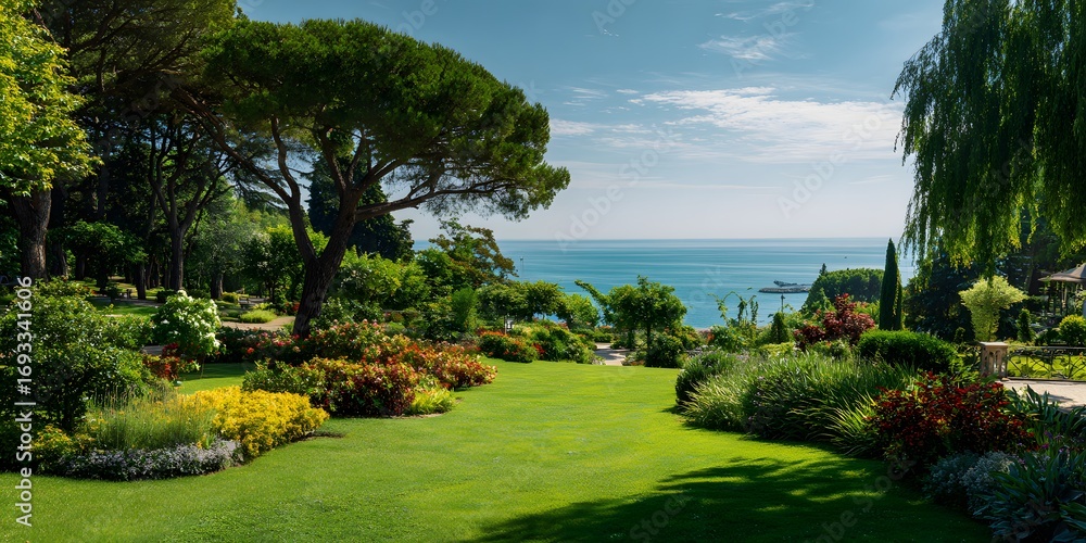 Obraz premium Beautiful landscape design. Garden, grass, flowers, park, nature, naturalness. Popular image for designers.