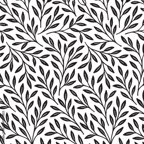 Seamless repeating pattern of delicate black leafy branches on a white background elegant botanical illustration