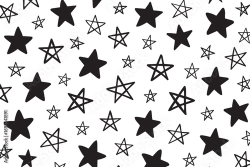 Hand drawn sketchy black and white star pattern seamless background for creative design and festive decoration