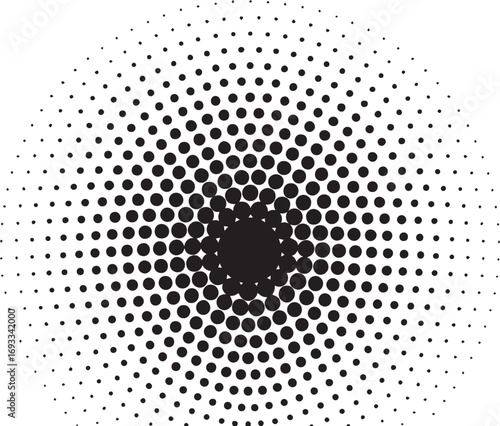 Abstract radial pattern of black dots creating a circular gradient effect on a white background