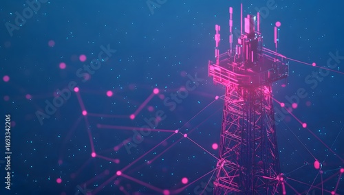 3D render of an abstract background with digital connections and a tower for a mobile network,