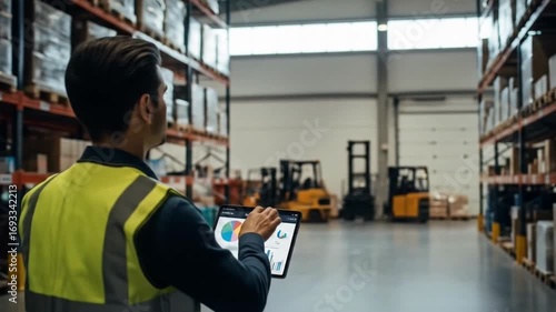 Warehouse Worker Analyzing Inventory Data on Tablet Enhancing Supply Chain Efficiency