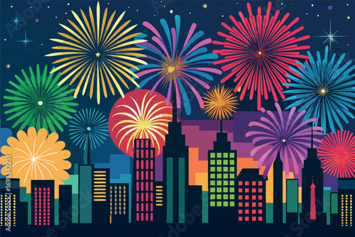 Vibrant Fireworks Display Over City Skyline at Night Celebrating New Year s Eve or Independence Day Event