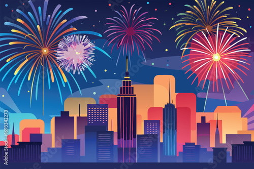 Vibrant Fireworks Display Over a Colorful Cityscape at Night Celebrating New Year s Eve or Independence Day