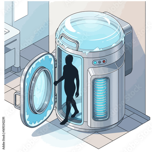 Medical Illustration of Cryotherapy Chamber Patient Entering a Cold Therapy Treatment Pod
