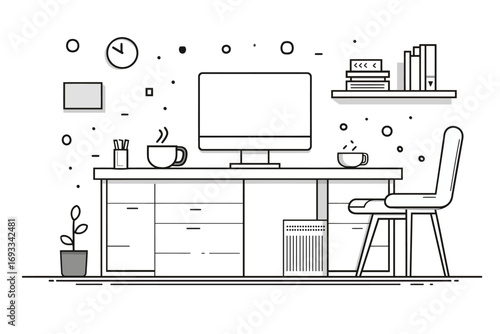 Illustration of Minimal Workspace with Monitor, Lamp, and Coffee on Desk